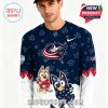 Bluey-themed Columbus Blue Jackets hockey shirt front view with Bluey and Bingo and the team’s crest!