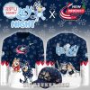 Bluey x Columbus Blue Jackets full collection with shirt front, back, and matching cap decorated with Bluey and Bingo!