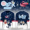 Bluey Night shirt showing both sides of design for Columbus Blue Jackets with Bluey and Bingo characters!