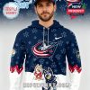 Man wearing a Columbus Blue Jackets Bluey Night hoodie with team logo cartoon artwork and patterned fabric!