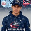 Close up of Columbus Blue Jackets logo on Bluey Night hoodie with high quality finish!