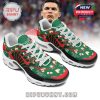 Top-side view of Christmas-themed CR7 sneakers in red, green, and white with decorative icons and bold text!