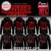 A set of black hoodies with red Hellfire Club artwork on the front and Stranger Things Season 5 themed graphics on the back, paired with logos of NFL teams like the Eagles, Patriots, Chiefs, and Broncos.