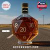 A whiskey bottle shaped like a D20 die with a Jack Daniel's label, set against a road background.