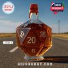 A whiskey bottle shaped like a D20 die with a horse statue on top placed on a road.