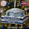 A Christmas ornament of AT&T Stadium with snow, marking the 65th anniversary of the Dallas Cowboys.