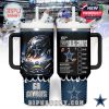 NFL-themed Dallas Cowboys tumbler showing energy-filled design with football artwork, crowd silhouettes, and team pride message.