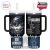 Combined image of both tumbler sides featuring football stadium art on one side and a fun, branded drink option checklist on the other.