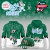 Full front and back display of Bluey and Dallas Stars collaborative hoodie and matching cap with playful cartoon and sports designs!
