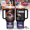 NFL Denver Broncos tumbler with dynamic football artwork, fan silhouettes, and a combination of orange and navy blue elements.