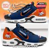 Denver Broncos Christmas sneakers with side logo, swoosh fade, and custom name feature on orange heel panels!