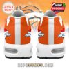 Back of Broncos Christmas sneakers showing orange heel sections, team holiday logos, and vertical white stripe!