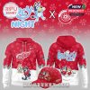 Detroit Red Wings and Bluey themed hoodie and cap combo, with cartoon characters and bold team graphics on a red base.