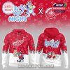 Red and white hoodie with Bluey characters and Detroit Red Wings logos, designed for Bluey Night with front and back graphics.