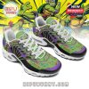 Teenage Mutant Ninja Turtles Donatello sneakers in green and purple with character prints and pizza graphics, shown in close-up product view.