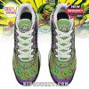 Overhead view of Donatello sneakers featuring branded tongue, white laces, and themed TMNT graphics.