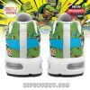 Back heel of green TMNT sneakers with cartoon turtle heads and pizza prints!