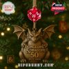 A dragon and 20-sided die ornament celebrating the 50th anniversary of Dungeons & Dragons with a bronze-like finish.