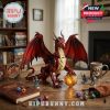 Red dragon building model displayed with dice books and tabletop game accessories!