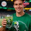 Man holds a 'Eastern Michigan Eagles' glass and wears a matching t-shirt with the same design.!