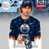 Edmonton Oilers Bluey Night limited edition hockey jersey with Bluey and Bingo artwork in navy blue and orange tones!