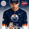 Edmonton Oilers Bluey Night jersey front detail featuring Bluey and Bingo below team logo!