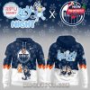 Edmonton Oilers and Bluey themed hoodie in navy, white, and orange, with cartoon and sports logo elements on both front and back.