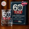 60th EMS anniversary whiskey glass and box featuring the Star of Life emblem, dates 1965-2025, and an ambulance graphic.!