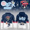 Front and back design of a hoodie themed around Bluey and the Florida Panthers. The garment includes animated characters, paw prints, and sports team logos.