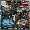 Miniature football stadium ornaments of NFL teams including Detroit Lions, Las Vegas Raiders, Carolina Panthers, and Chicago Bears hanging on a Christmas tree.