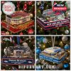 Miniature football stadium ornaments of NFL teams including San Francisco 49ers, New England Patriots, Denver Broncos, and Detroit Lions hanging on a Christmas tree.