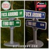Comparison of green and blue street sign ornaments with funny text.