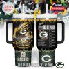 A football-themed tumbler with Green Bay Packers logo, vibrant stadium background, flaming football artwork, and a checklist-style design for coffee energy!