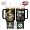 A Green Bay Packers energy tumbler with checklist design, stadium illustration, and flaming football graphic in a bright color scheme!