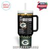 Back view of Green Bay Packers tumbler with checklist menu, big team logo, and playful energy ingredients list!