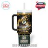 Front of Packers tumbler with flaming football, stadium art, team slogan, and intense fan-themed graphics!