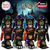 Harry Potter and NFL themed hoodies and caps featuring Hogwarts crest, broomsticks, and team logos for Chiefs, Broncos, Bears, Raiders.