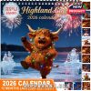 The complete Highland Cow 2026 calendar design showing the festive cover and side previews of each month’s illustration!