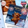 A lifestyle shot of the Highland Cow 2026 calendar open on a table, showing the cover and interior monthly layout with dimensions!