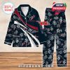 Houston Texans-themed pajama set in navy and red, with floral details and team logos across both the shirt and pants, including personalized name printing for fans who want a custom touch!