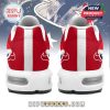 Backside of Texans holiday sneakers with red heel and white midline stitching!