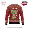 Red Christmas sweater back view showing switch-style Grinch Mode graphic with festive knit details.