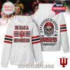 White hoodie with Indiana Hoosiers graphics on front and skull helmet design with fan slogan on back!