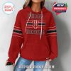 Woman modeling red Indiana Hoosiers hoodie from the front with bold team logo and striped sleeves!