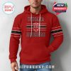 Man modeling red Indiana Hoosiers hoodie from the front with logo and black-and-white sleeve stripes!