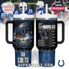 Indianapolis Colts-themed 40oz tumbler with a dynamic flaming football design, stadium background, bold fan silhouettes, checklist layout, and large “GO COLTS” statement at the base!