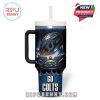 Front design of the Indianapolis Colts tumbler with fiery football, dramatic stadium setting, dark silhouette background, and bold “GO COLTS” banner at the bottom!