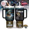 An insulated sports drink tumbler with dual handles, showcasing Jacksonville Jaguars branding, football graphics, and motivational design elements for fans.