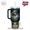 Football-themed tumbler back design with Jacksonville Jaguars logo, checklist options (like decaf, syrup), and tongue-in-cheek motivational text.