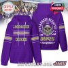 Purple hoodie with James Madison University branding on front and skull helmet graphic on back with slogan “Stressed Blessed and Dukes Obsessed”!